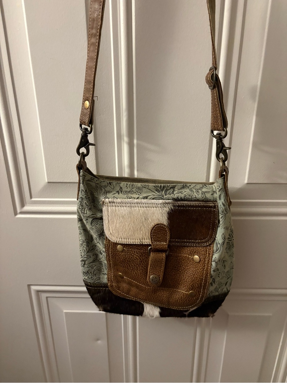 Myra Bag Eau De Nil Cowhide canvas shoulder Bag Boho Western Crossbody Bag